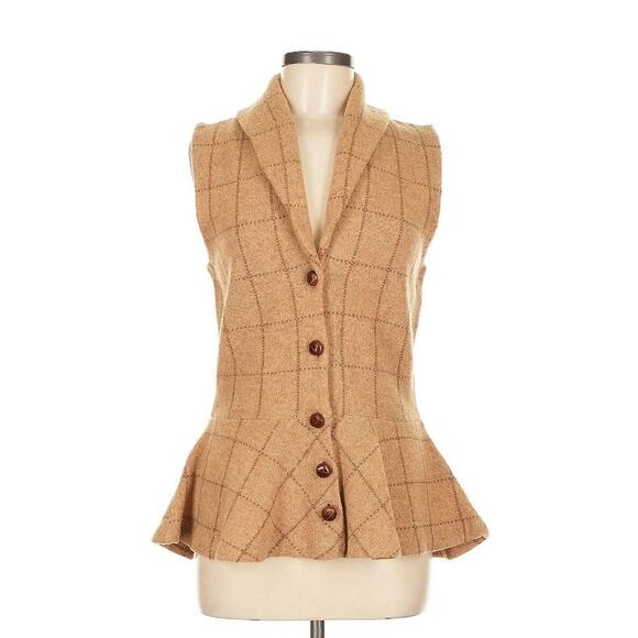 Vintage Ralph Lauren Lambswool Peplum Sweater Vest Plaid Cardigan Camel Beige M - Picture 1 of 7